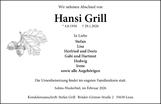 Traueranzeige von Hansi Grill von Wetzlarer Neue Zeitung