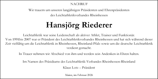Traueranzeige von Hansjörg Riederer von Allgemeine Zeitung Mainz