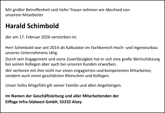 Traueranzeige von Harald Schimbold von Allgemeine Zeitung Alzey