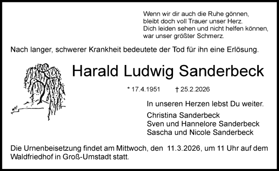Traueranzeige von Harald Ludwig Sanderbeck von Dieburger Anzeiger/Groß-Zimmerner Lokal-Anzeiger