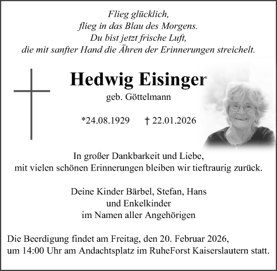 Traueranzeige von Hedwig Eisinger von Allgemeine Zeitung Alzey