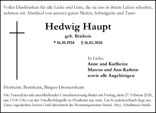 Traueranzeige von Hedwig Haupt von Allgemeine Zeitung Alzey