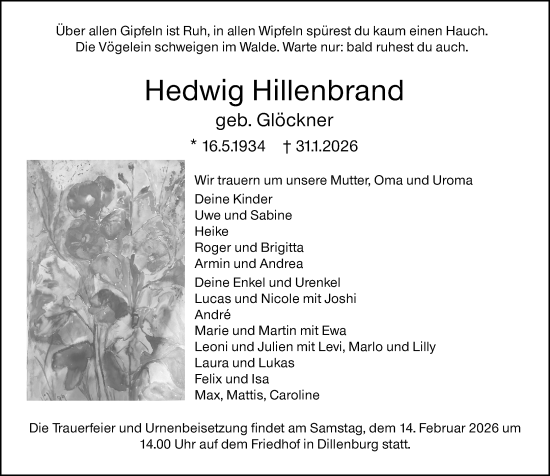 Traueranzeige von Hedwig Hillenbrand von Dill Block