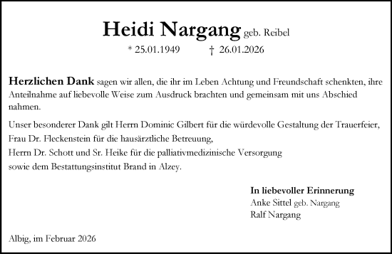 Traueranzeige von Heidi Nargang von Allgemeine Zeitung Alzey