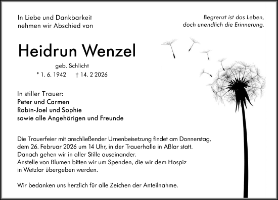 Traueranzeige von Heidrun Wenzel von Wetzlarer Neue Zeitung