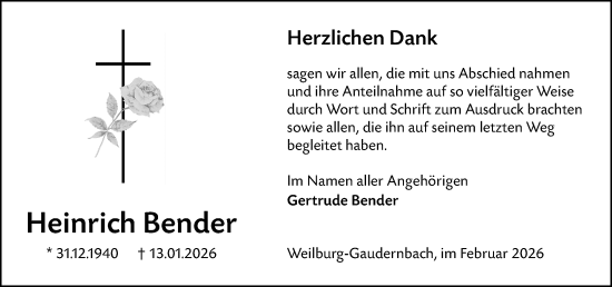 Traueranzeige von Heinrich Bender von Weilburger Tageblatt