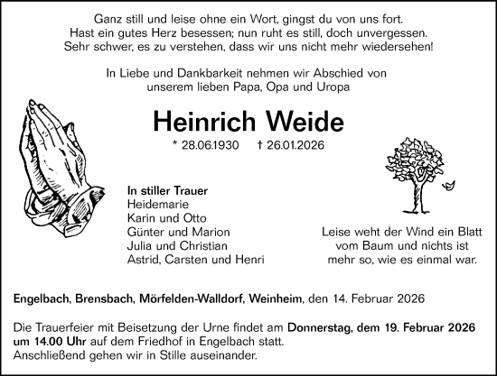 Traueranzeige von Heinrich Weide von Hinterländer Anzeiger