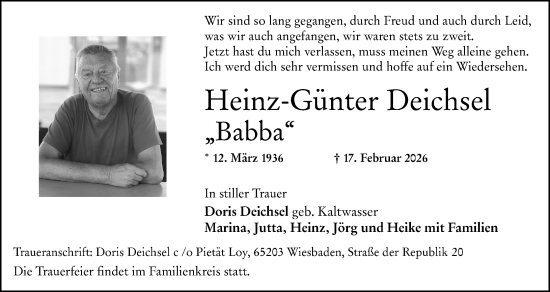 Traueranzeige von Heinz-Günter Deichsel von Wiesbadener Kurier