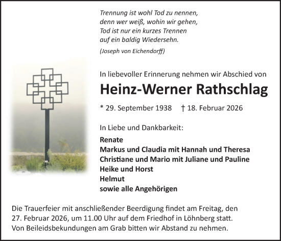 Traueranzeige von Heinz-Werner Rathschlag von Weilburger Tageblatt