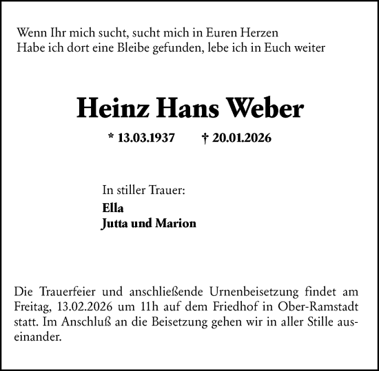 Traueranzeige von Heinz Hans Weber von Darmstädter Echo