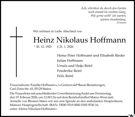 Traueranzeige von Heinz Nikolaus Hoffmann von Allgemeine Zeitung Mainz
