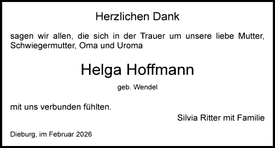 Traueranzeige von Helga Hoffmann von Dieburger Anzeiger/Groß-Zimmerner Lokal-Anzeiger