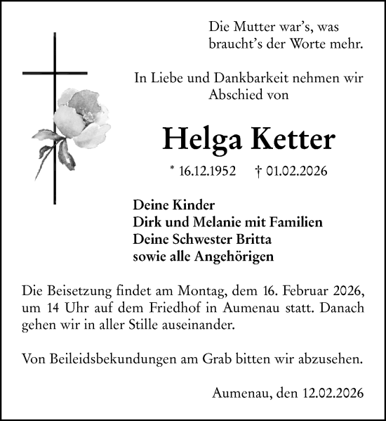 Traueranzeige von Helga Ketter von Weilburger Tageblatt