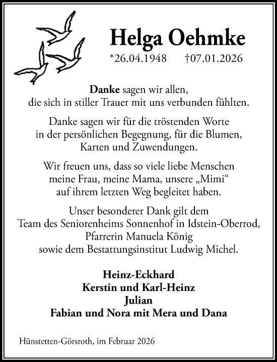 Traueranzeige von Helga Oehmke von Idsteiner Land/Untertaunus