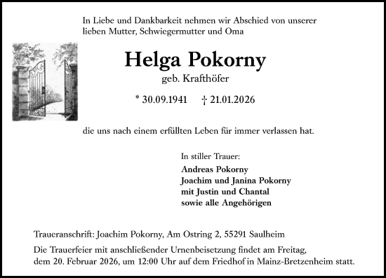 Traueranzeige von Helga Pokorny von Allgemeine Zeitung Mainz