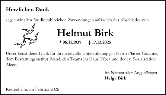 Traueranzeige von Helmut Birk von Allgemeine Zeitung Alzey