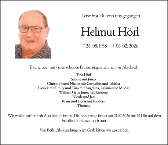 Traueranzeige von Helmut Hörl von Weilburger Tageblatt