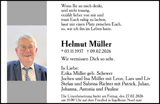 Traueranzeige von Helmut Müller von Allgemeine Zeitung Rheinhessen-Nahe