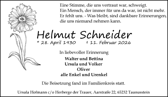 Traueranzeige von Helmut Schneider von Rheingau-Taunus-Kreis Wochenblatt