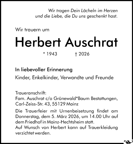 Traueranzeige von Herbert Auschrat von Allgemeine Zeitung Mainz