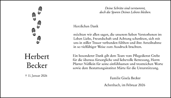 Traueranzeige von Herbert Becker von Hinterländer Anzeiger