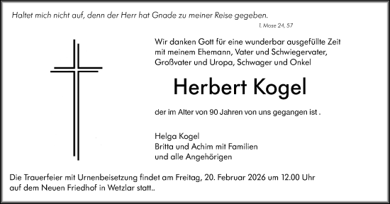 Traueranzeige von Herbert Kogel von Wetzlarer Neue Zeitung