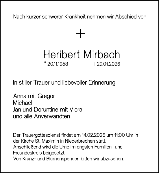 Traueranzeige von Heribert Mirbach von Camberger Anzeiger