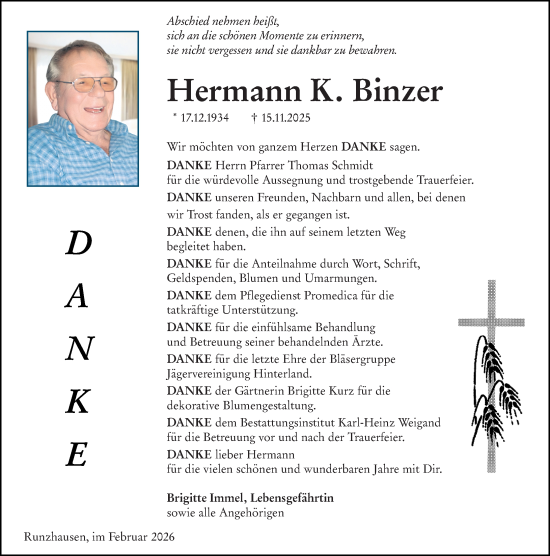 Traueranzeige von Hermann K. Binzer von Hinterländer Anzeiger