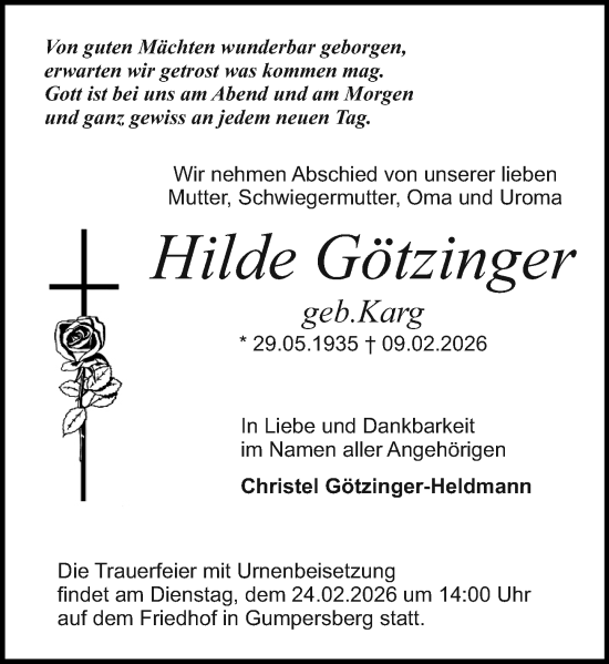 Traueranzeige von Hilde Götzinger von Odenwälder Echo