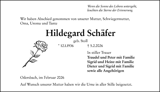 Traueranzeige von Hildegard Schäfer von Weilburger Tageblatt