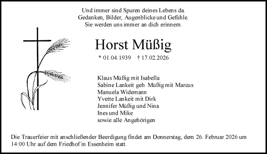 Traueranzeige von Horst Müßig von Allgemeine Zeitung Mainz