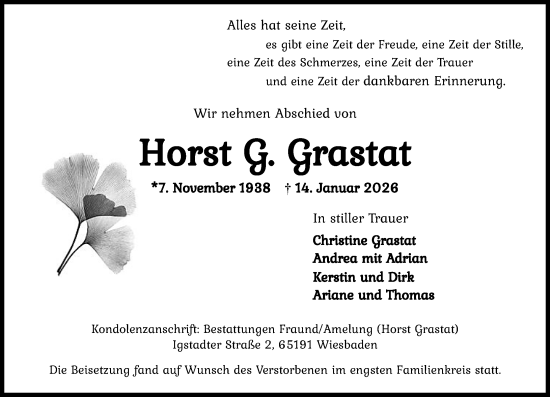 Traueranzeige von Horst G. Grastat von Wiesbadener Kurier