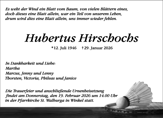 Traueranzeige von Hubertus Hirschochs von Rheingau Kurier