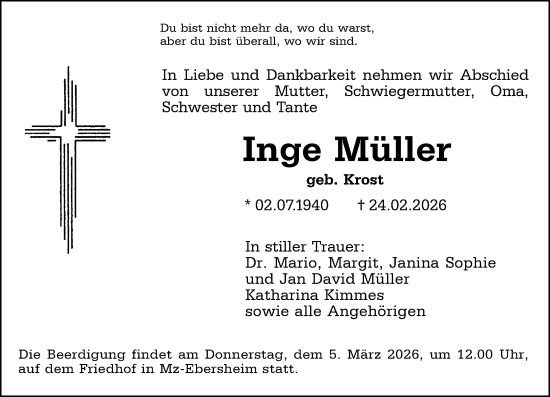 Traueranzeige von Inge Müller von Allgemeine Zeitung Mainz