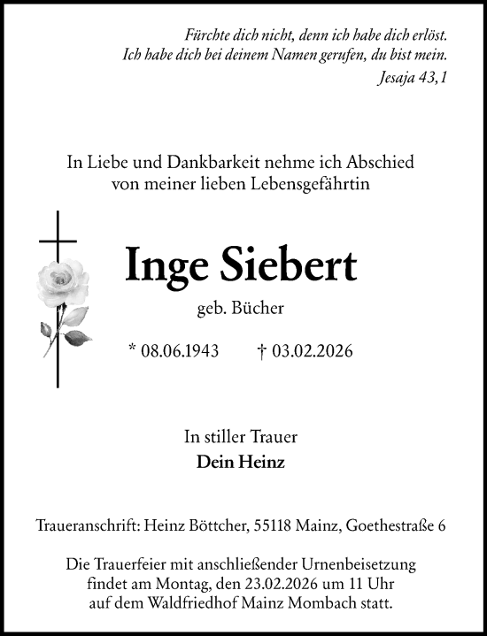 Traueranzeige von Inge Siebert von Allgemeine Zeitung Mainz