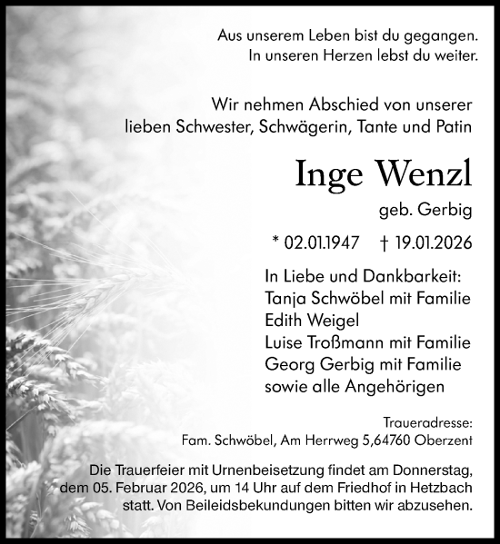 Traueranzeige von Inge Wenzl von Odenwälder Echo