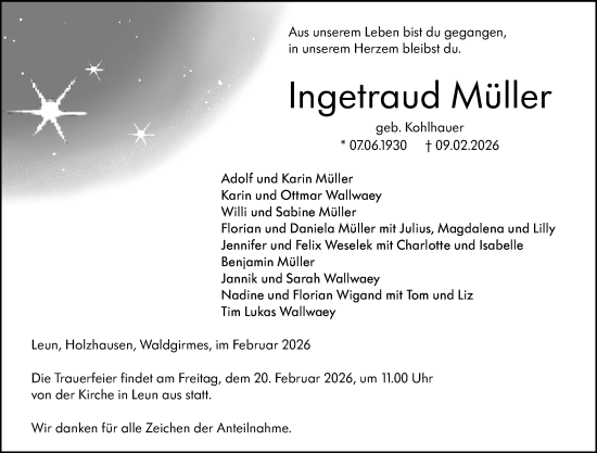 Traueranzeige von Ingetraud Müller von Wetzlarer Neue Zeitung