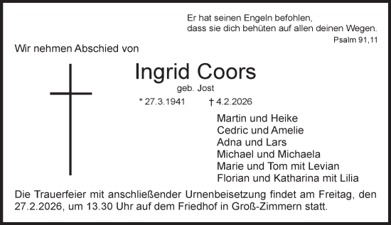 Traueranzeige von Ingrid Coors von Darmstädter Echo