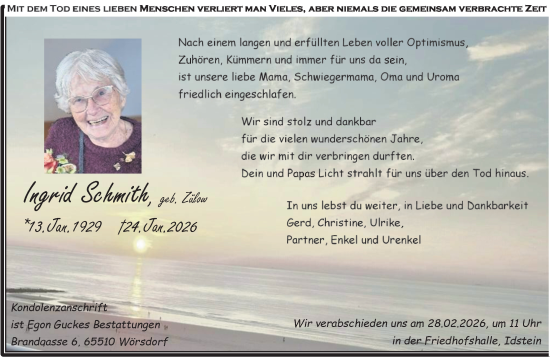 Traueranzeige von Ingrid Schmith von Idsteiner Land/Untertaunus