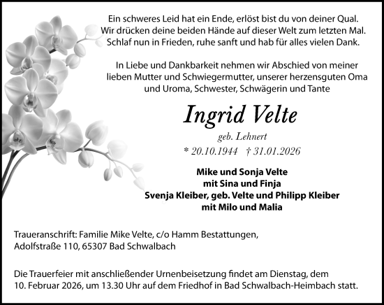 Traueranzeige von Ingrid Velte von Idsteiner Land/Untertaunus