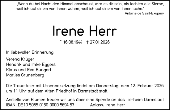 Traueranzeige von Irene Herr von Darmstädter Echo