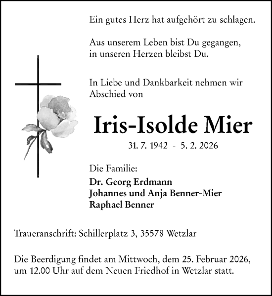Traueranzeige von Iris-Isolde Mier von Wetzlarer Neue Zeitung