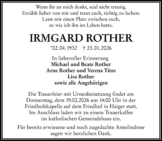 Traueranzeige von Irmgard Rother von Dill Block