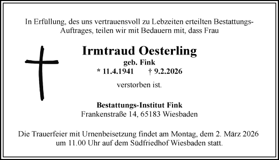 Traueranzeige von Irmtraud Oesterling von Wiesbadener Kurier
