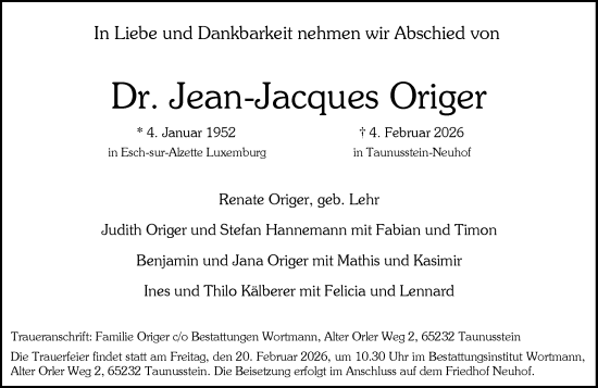 Traueranzeige von Jean-Jacques Origer von Rheingau-Taunus-Kreis Wochenblatt