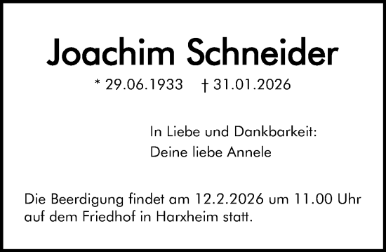 Traueranzeige von Joachim Schneider von Allgemeine Zeitung Mainz