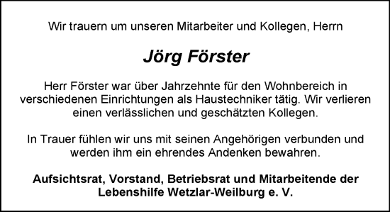 Traueranzeige von Jörg Förster von Weilburger Tageblatt