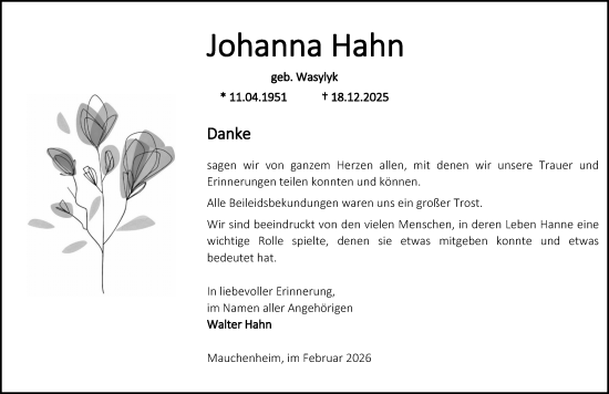 Traueranzeige von Johanna Hahn von Allgemeine Zeitung Alzey
