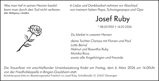 Traueranzeige von Josef Ruby von Allgemeine Zeitung Rheinhessen-Nahe