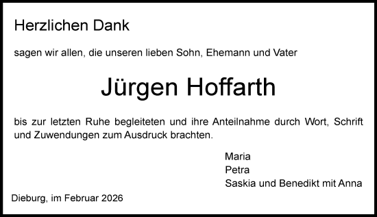 Traueranzeige von Jürgen Hoffarth von Dieburger Anzeiger/Groß-Zimmerner Lokal-Anzeiger